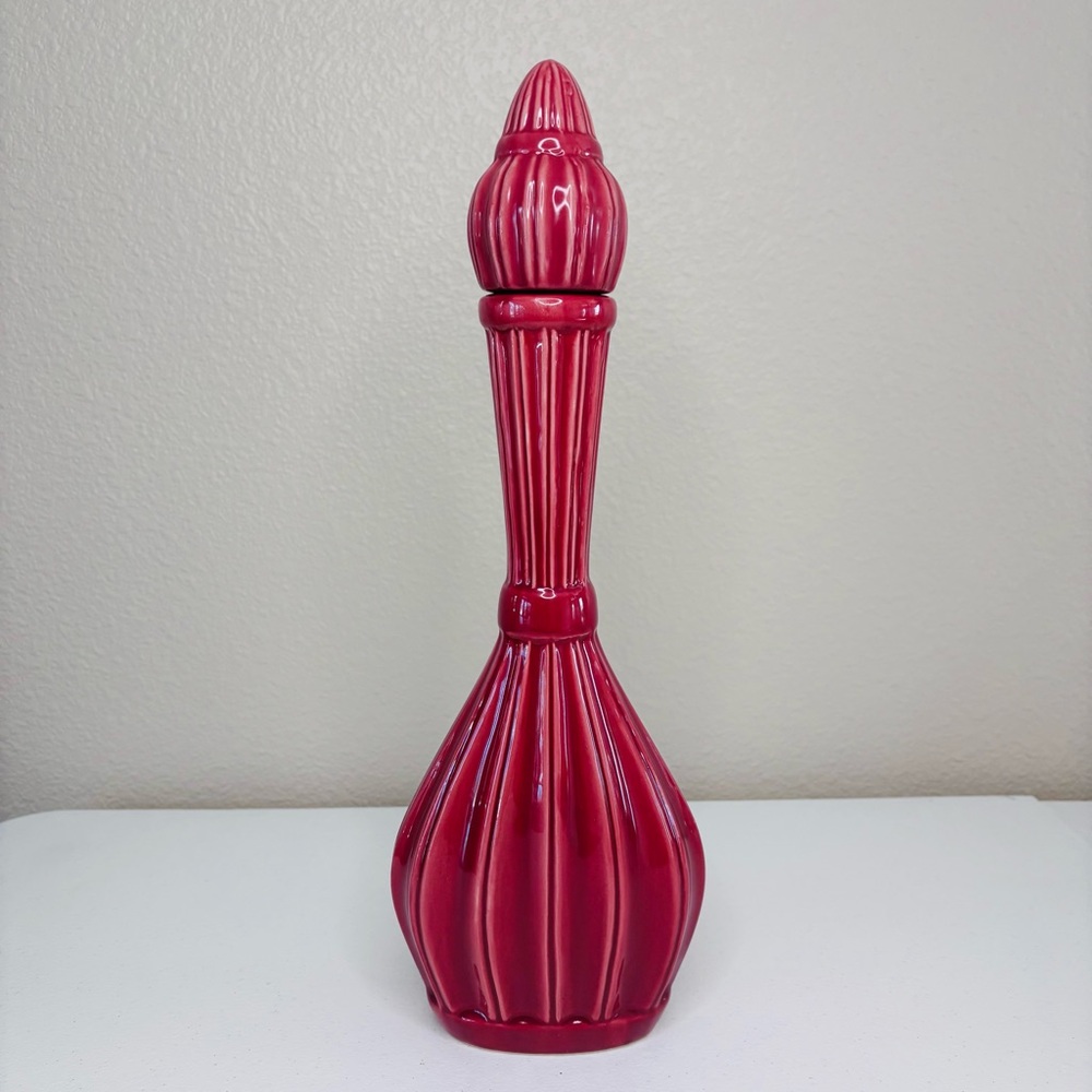 Dark Pink Ceramic Decorative Striped Genie Shaped Bottle, Glossy Finish, 13x4